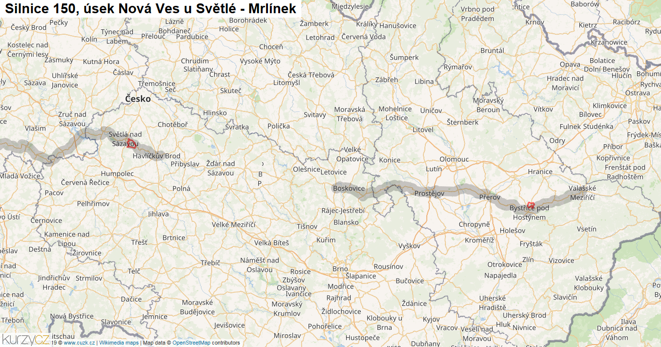 Úsek Nová Ves u Světlé - Mrlínek, Silnice 150 - Mapa