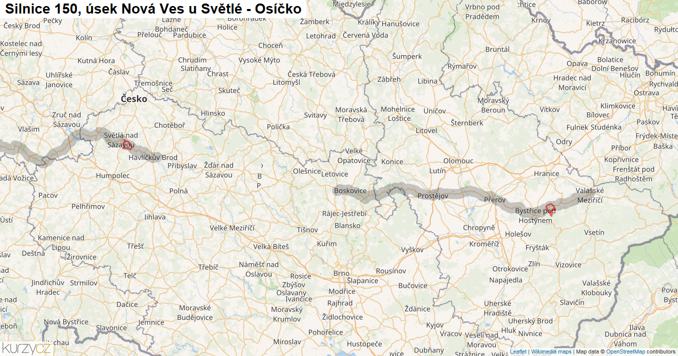 Úsek Nová Ves u Světlé - Osíčko, Silnice 150 - Mapa
