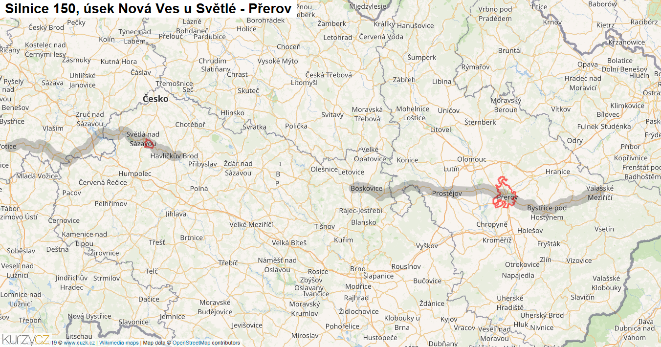 Úsek Nová Ves u Světlé - Přerov, Silnice 150 - Mapa