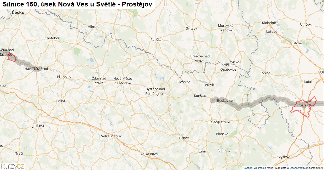 Úsek Nová Ves u Světlé - Prostějov, Silnice 150 - Mapa