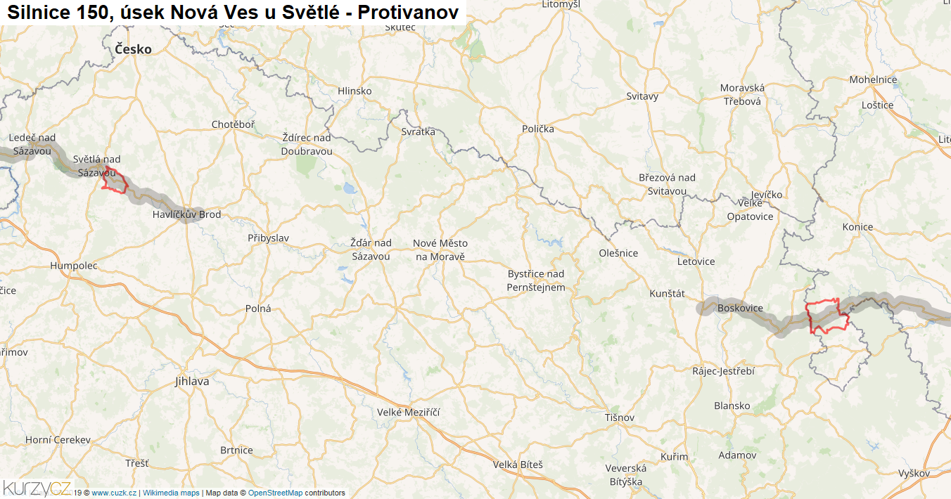 Úsek Nová Ves u Světlé - Protivanov, Silnice 150 - Mapa