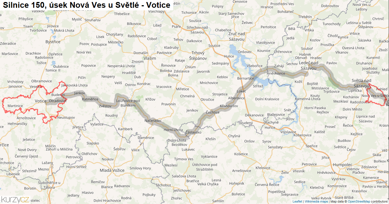 Úsek Nová Ves u Světlé - Votice, Silnice 150 - Mapa