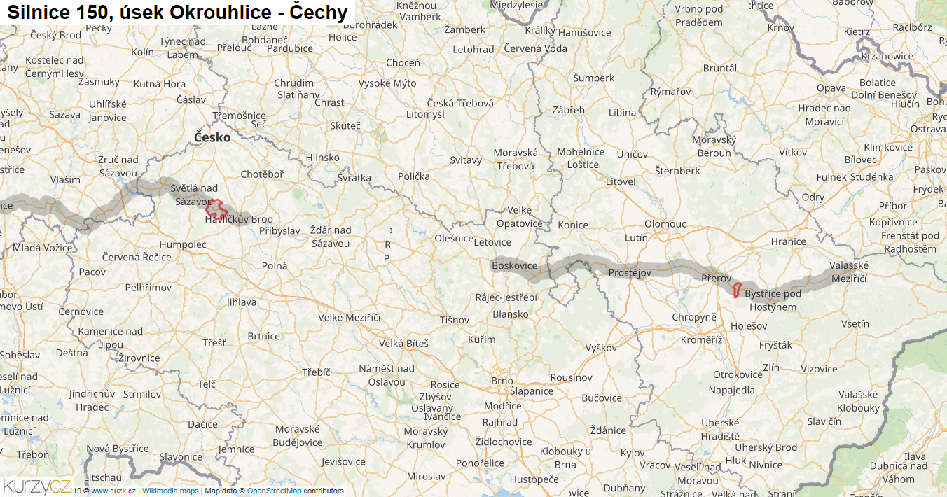 Úsek Okrouhlice - Čechy, Silnice 150 - Mapa