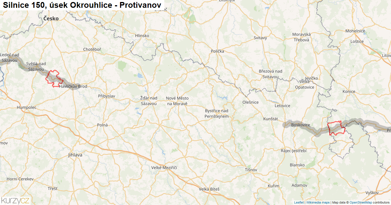 Úsek Okrouhlice - Protivanov, Silnice 150 - Mapa