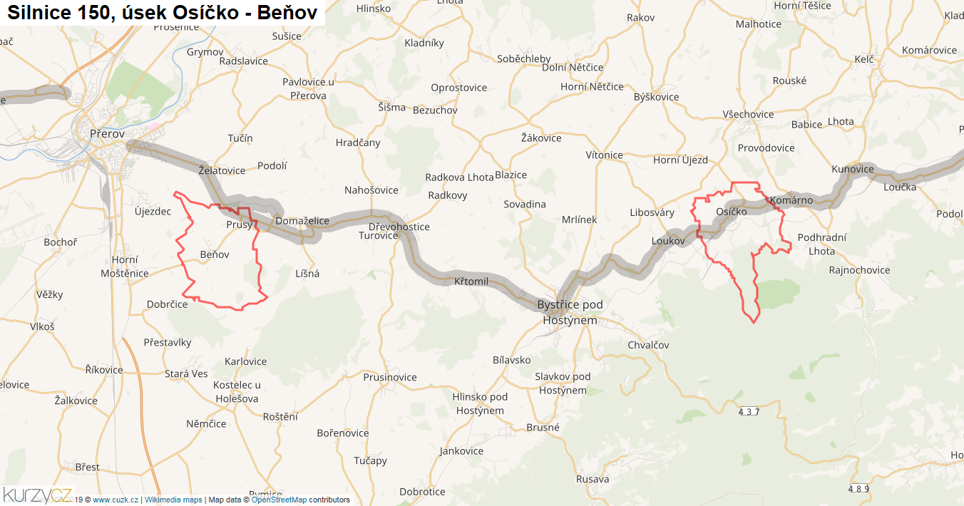 Úsek Osíčko - Beňov, Silnice 150 - Mapa