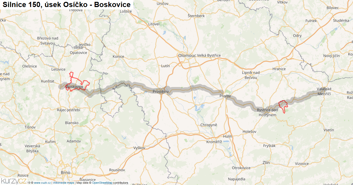 Úsek Osíčko - Boskovice, Silnice 150 - Mapa