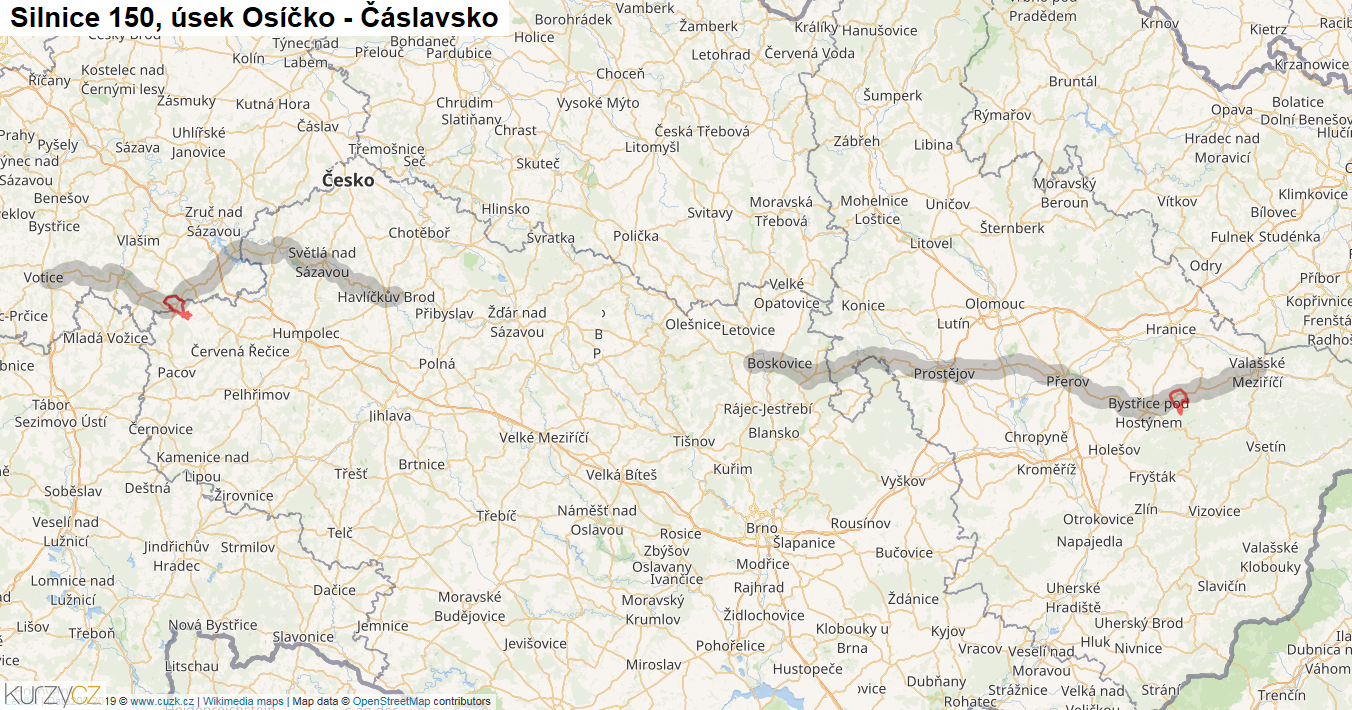 Úsek Osíčko - Čáslavsko, Silnice 150 - Mapa