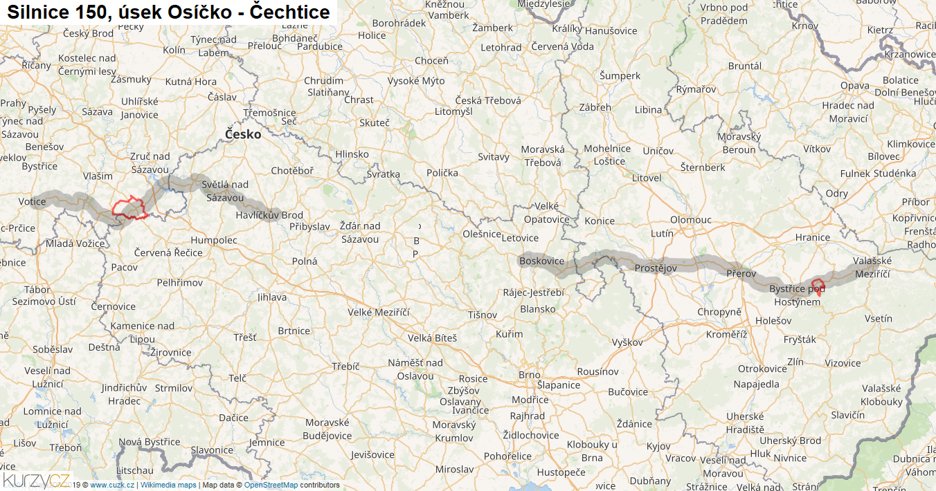 Úsek Osíčko - Čechtice, Silnice 150 - Mapa