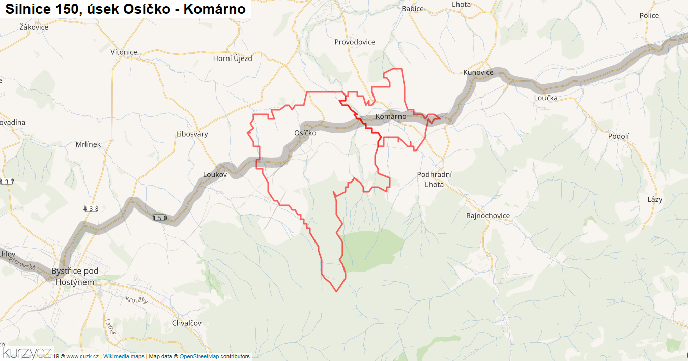 Úsek Osíčko - Komárno, Silnice 150 - Mapa