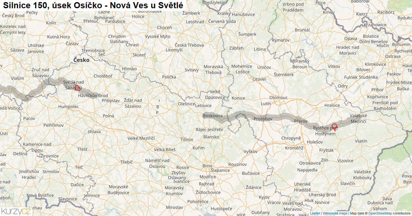 Úsek Osíčko - Nová Ves u Světlé, Silnice 150 - Mapa