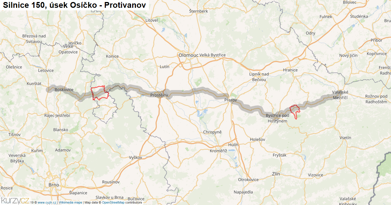 Úsek Osíčko - Protivanov, Silnice 150 - Mapa