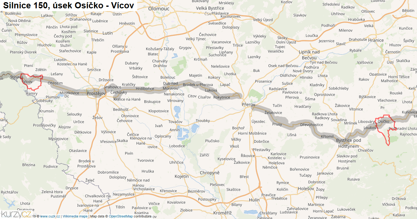 Úsek Osíčko - Vícov, Silnice 150 - Mapa
