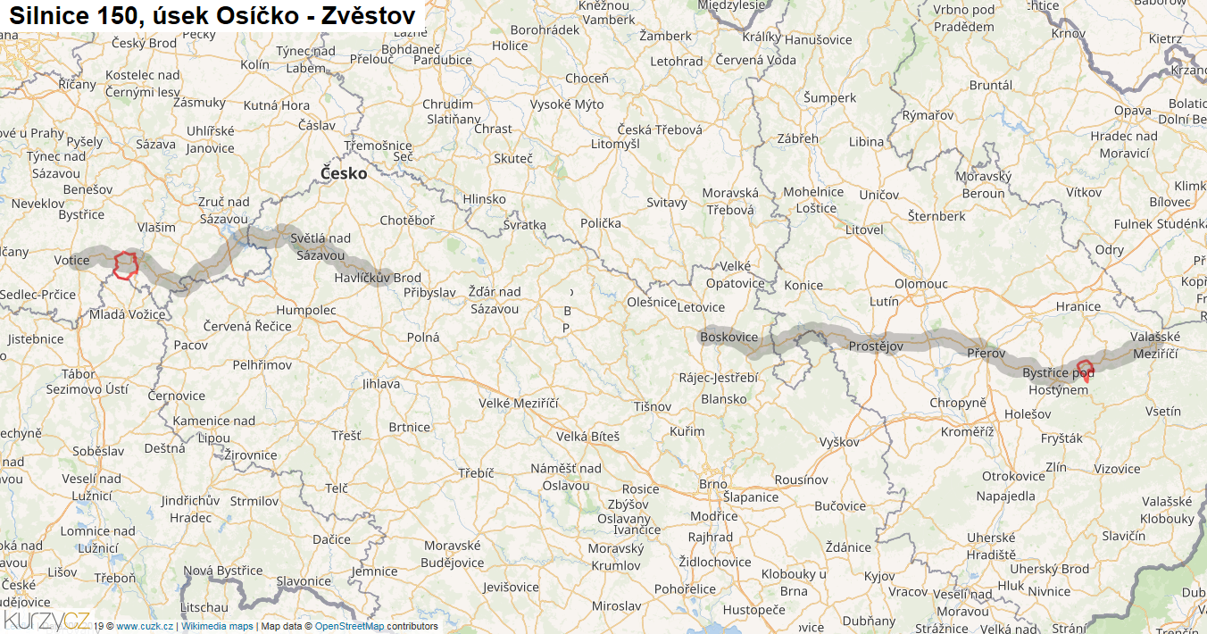Úsek Osíčko - Zvěstov, Silnice 150 - Mapa