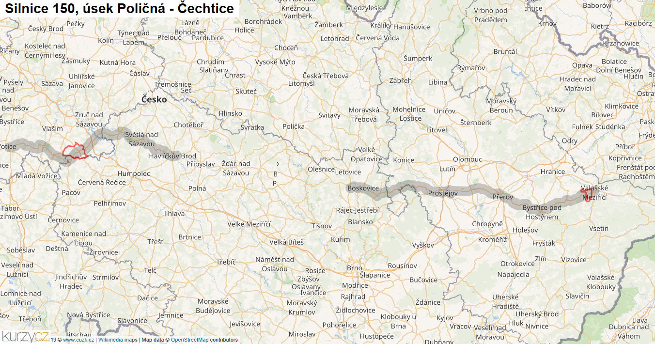 Úsek Poličná - Čechtice, Silnice 150 - Mapa