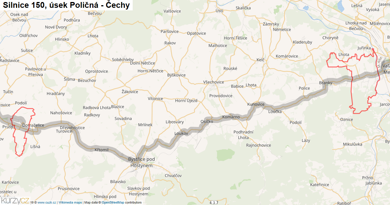 Úsek Poličná - Čechy, Silnice 150 - Mapa