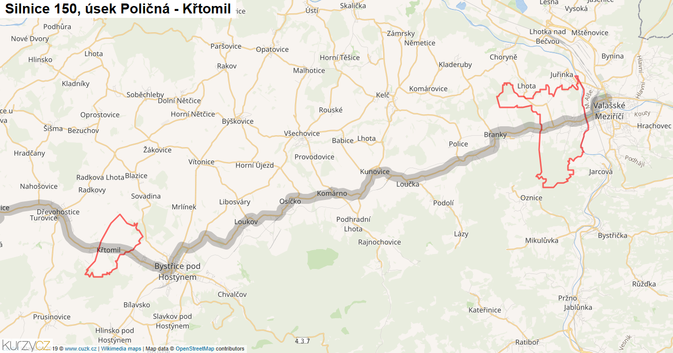 Úsek Poličná - Křtomil, Silnice 150 - Mapa