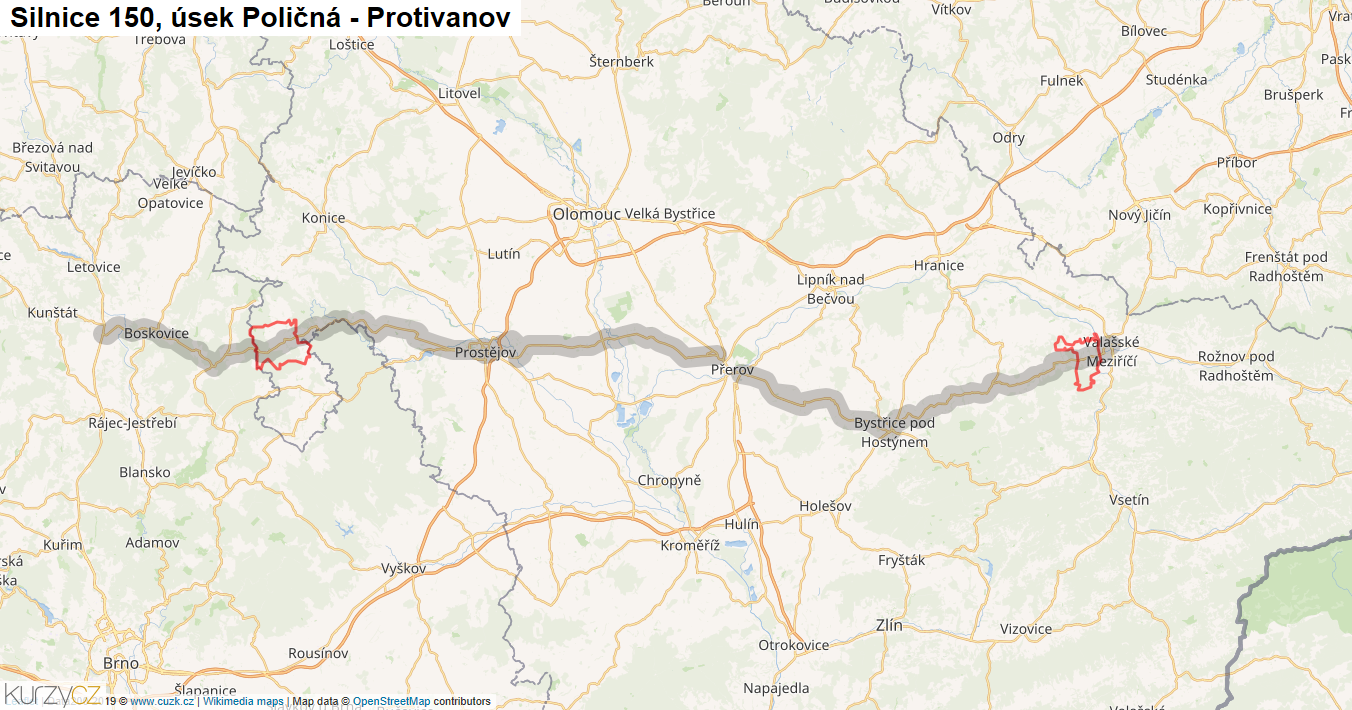 Úsek Poličná - Protivanov, Silnice 150 - Mapa