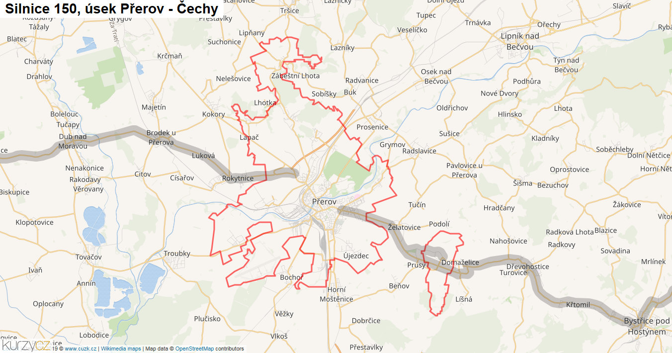 Úsek Přerov - Čechy, Silnice 150 - Mapa