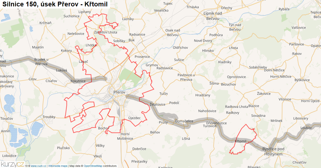 Úsek Přerov - Křtomil, Silnice 150 - Mapa