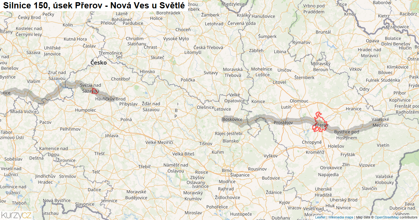 Úsek Přerov - Nová Ves u Světlé, Silnice 150 - Mapa