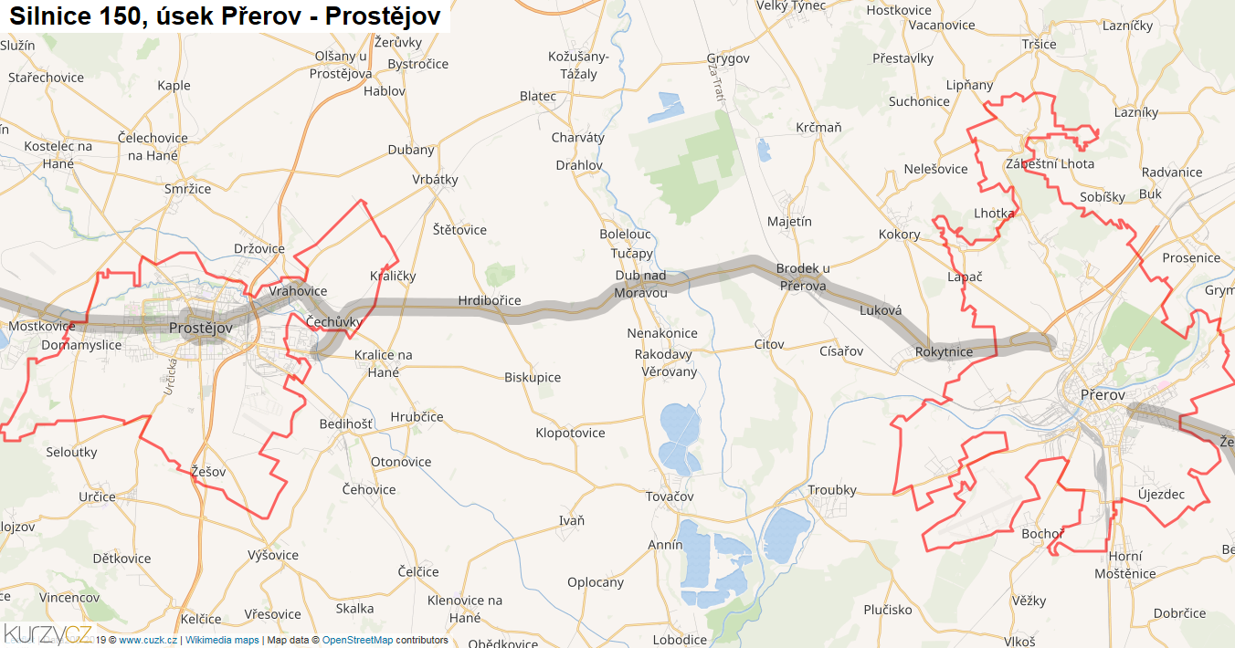 Úsek Přerov - Prostějov, Silnice 150 - Mapa