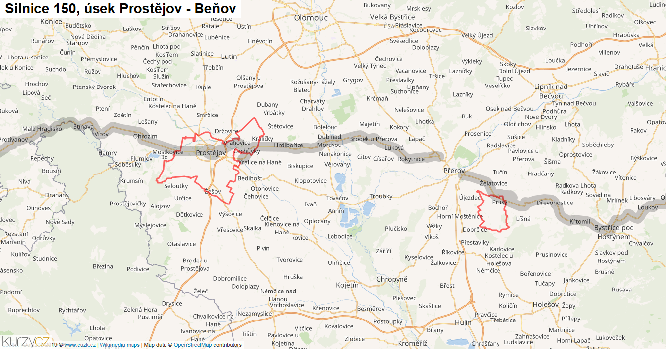 Úsek Prostějov - Beňov, Silnice 150 - Mapa