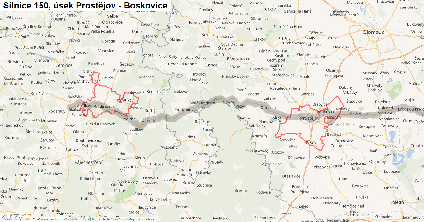 Úsek Prostějov - Boskovice, Silnice 150 - Mapa