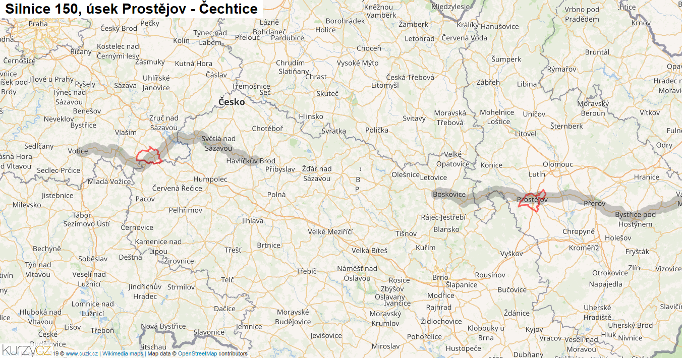 Úsek Prostějov - Čechtice, Silnice 150 - Mapa