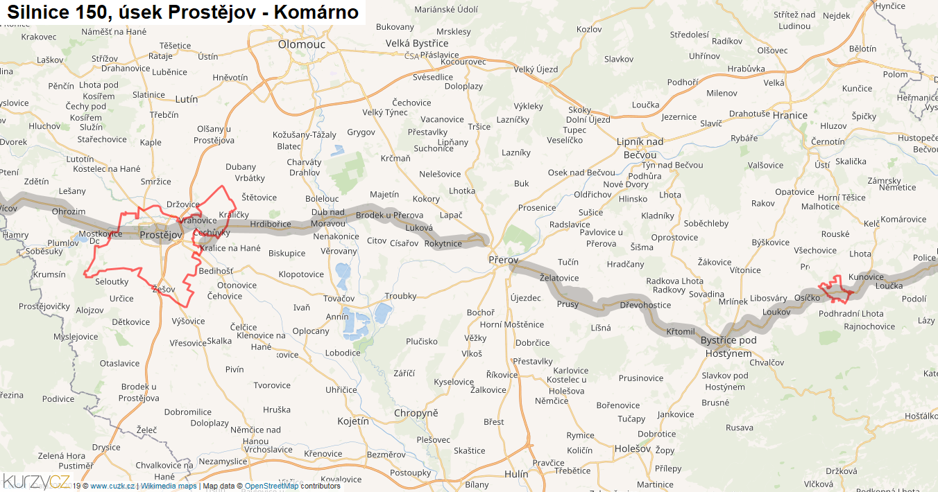 Úsek Prostějov - Komárno, Silnice 150 - Mapa