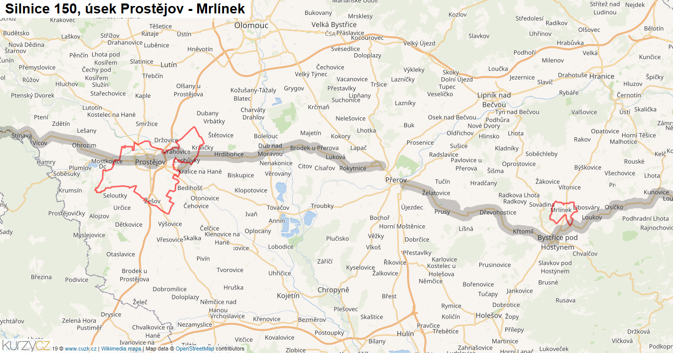Úsek Prostějov - Mrlínek, Silnice 150 - Mapa
