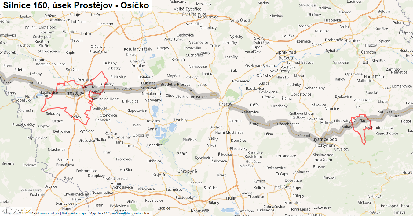 Úsek Prostějov - Osíčko, Silnice 150 - Mapa