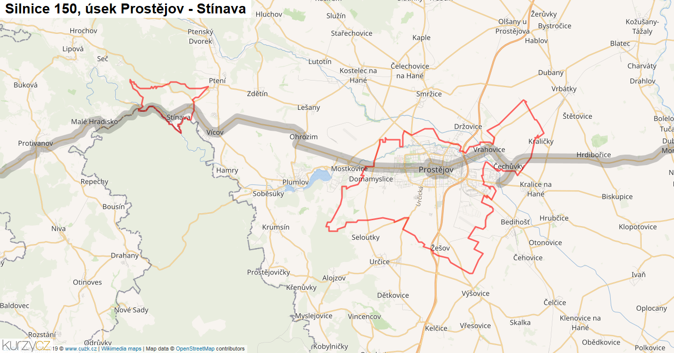 Úsek Prostějov - Stínava, Silnice 150 - Mapa