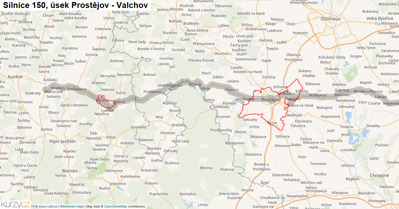 Úsek Prostějov - Valchov, Silnice 150 - Mapa