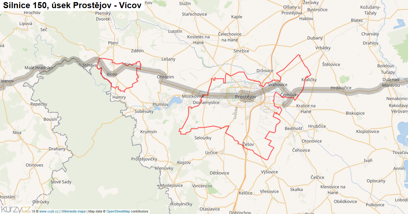 Úsek Prostějov - Vícov, Silnice 150 - Mapa