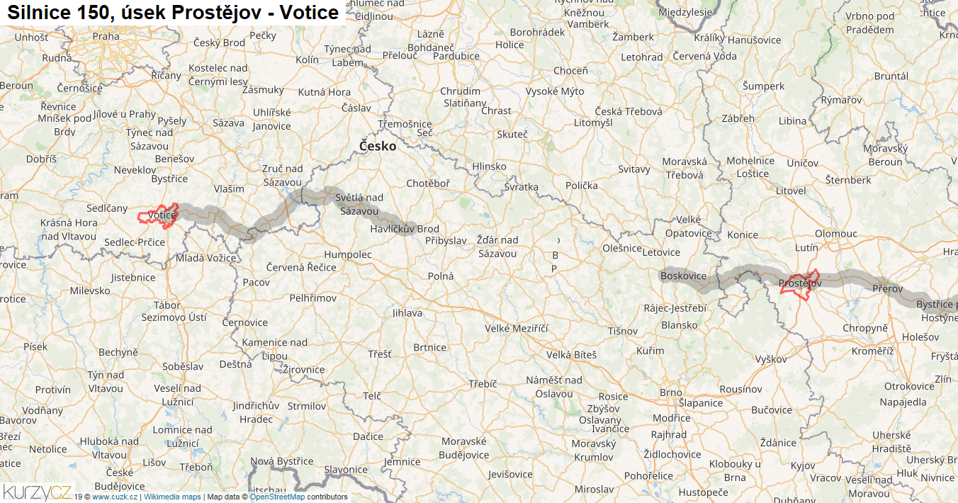 Úsek Prostějov - Votice, Silnice 150 - Mapa