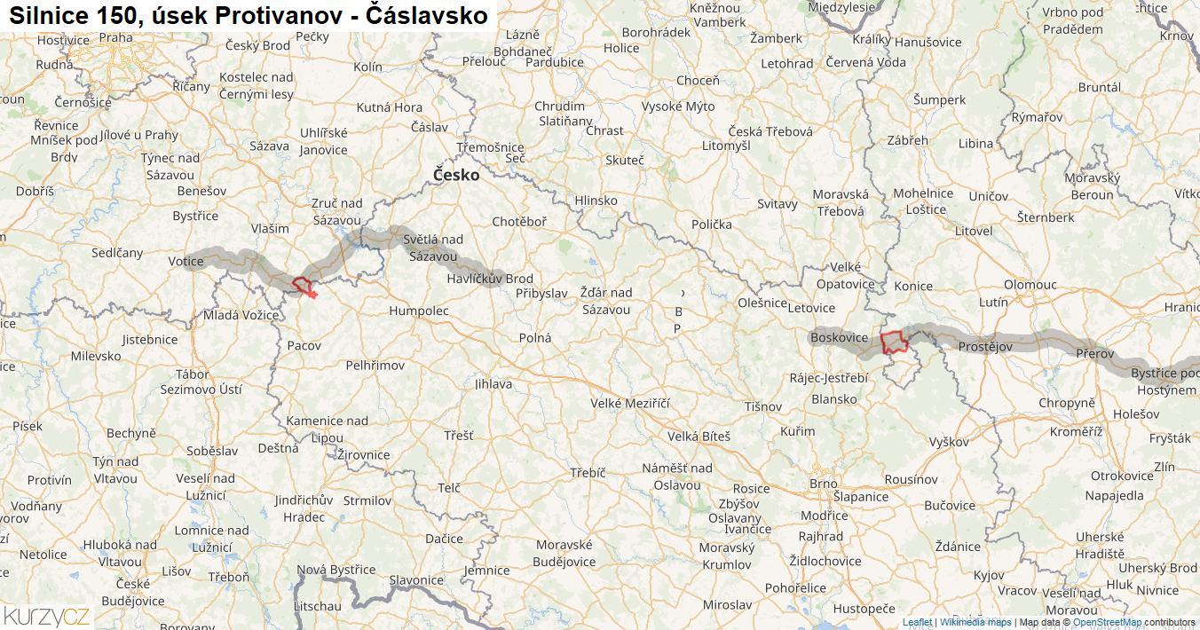 Úsek Protivanov - Čáslavsko, Silnice 150 - Mapa