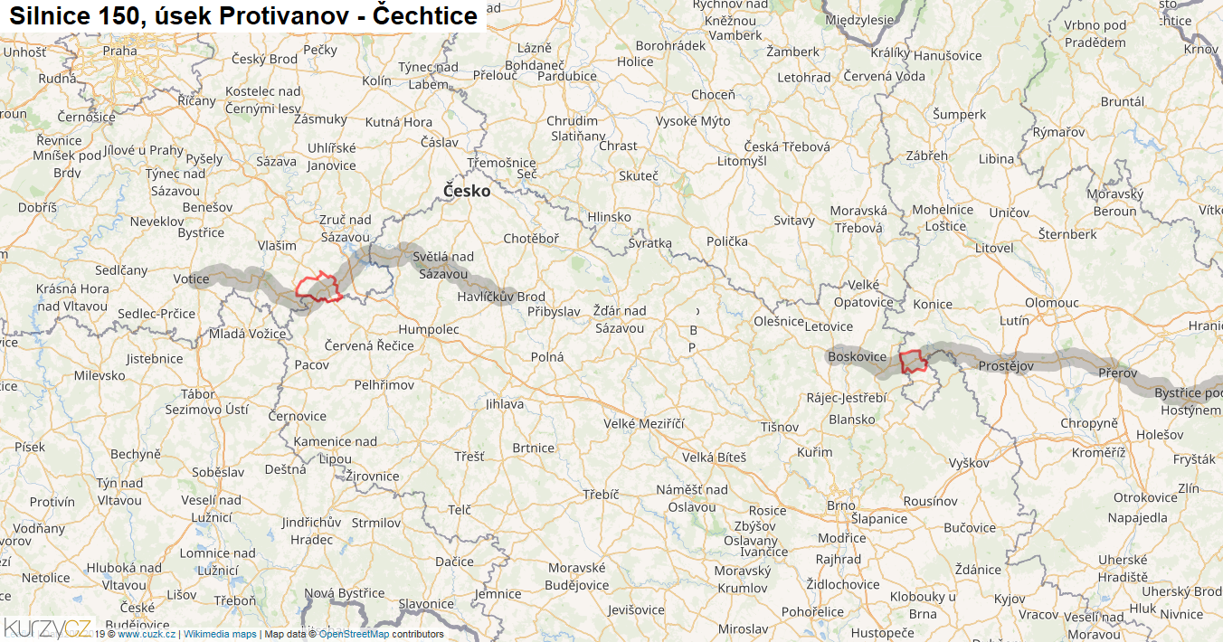 Úsek Protivanov - Čechtice, Silnice 150 - Mapa