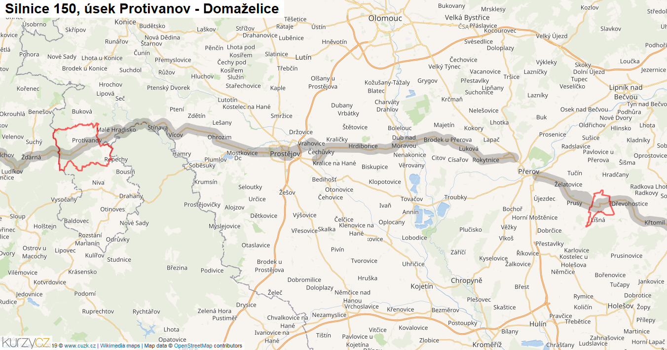 Úsek Protivanov - Domaželice, Silnice 150 - Mapa