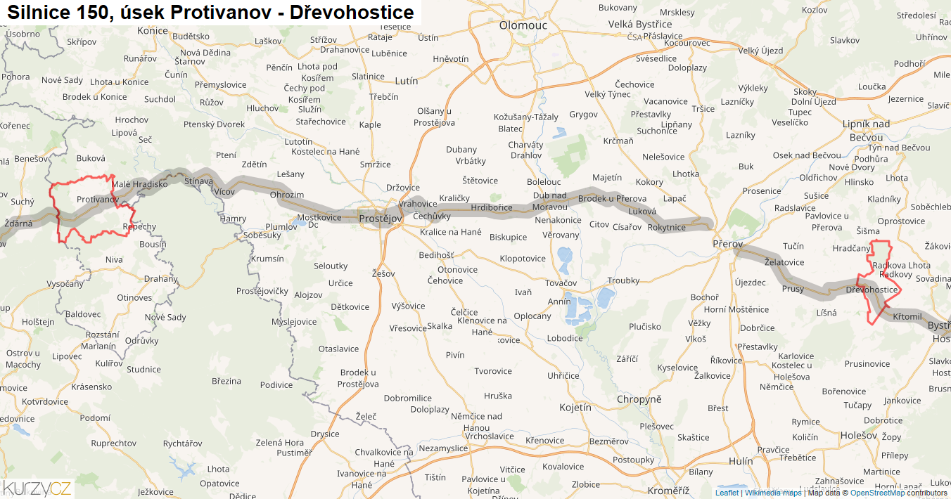 Úsek Protivanov - Dřevohostice, Silnice 150 - Mapa