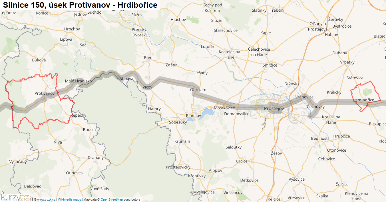Úsek Protivanov - Hrdibořice, Silnice 150 - Mapa