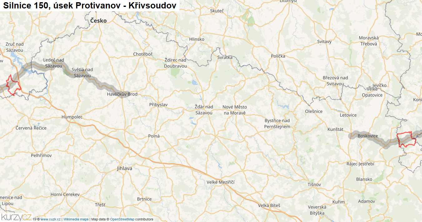 Úsek Protivanov - Křivsoudov, Silnice 150 - Mapa