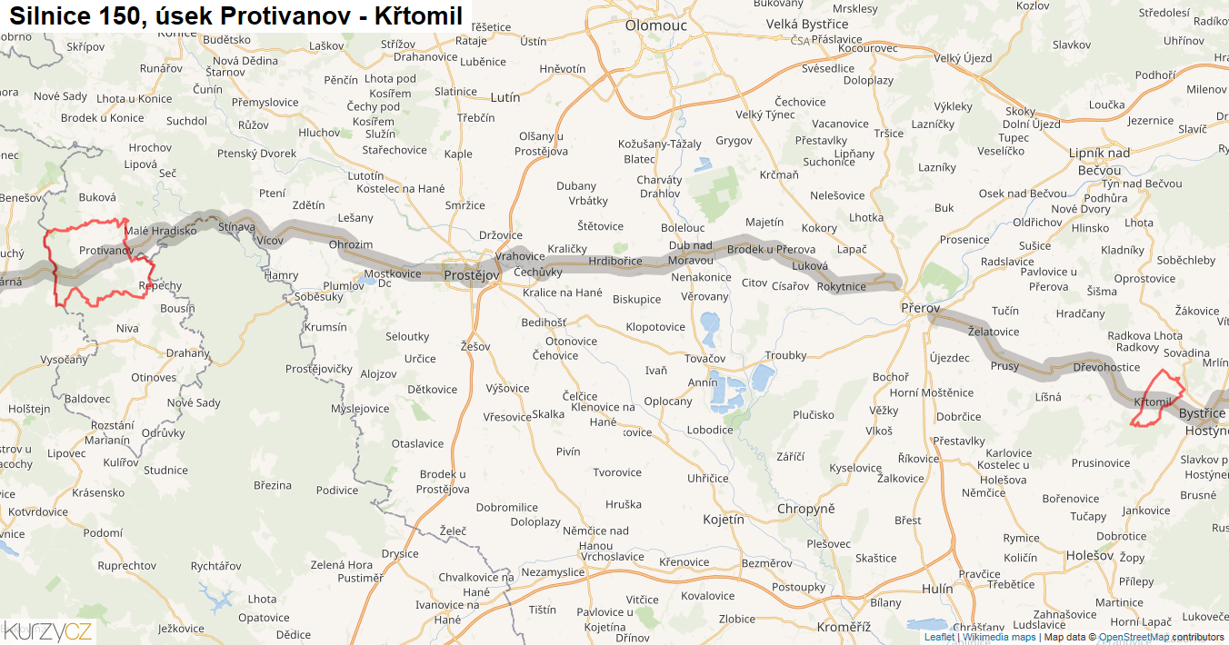 Úsek Protivanov - Křtomil, Silnice 150 - Mapa