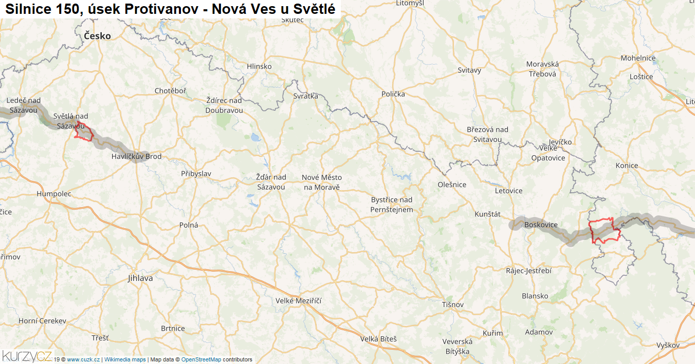 Úsek Protivanov - Nová Ves u Světlé, Silnice 150 - Mapa