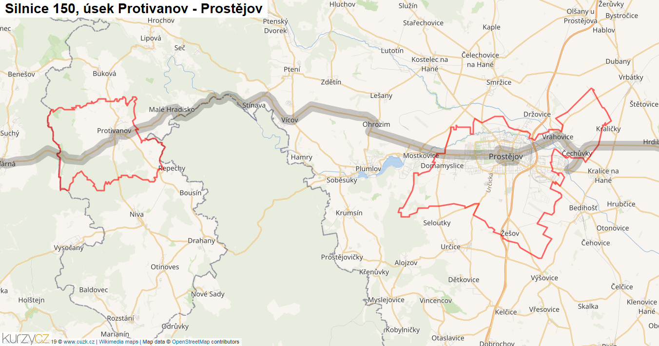 Úsek Protivanov - Prostějov, Silnice 150 - Mapa