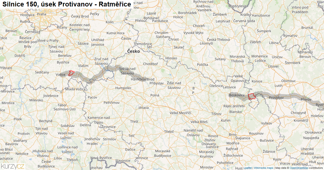 Úsek Protivanov - Ratměřice, Silnice 150 - Mapa