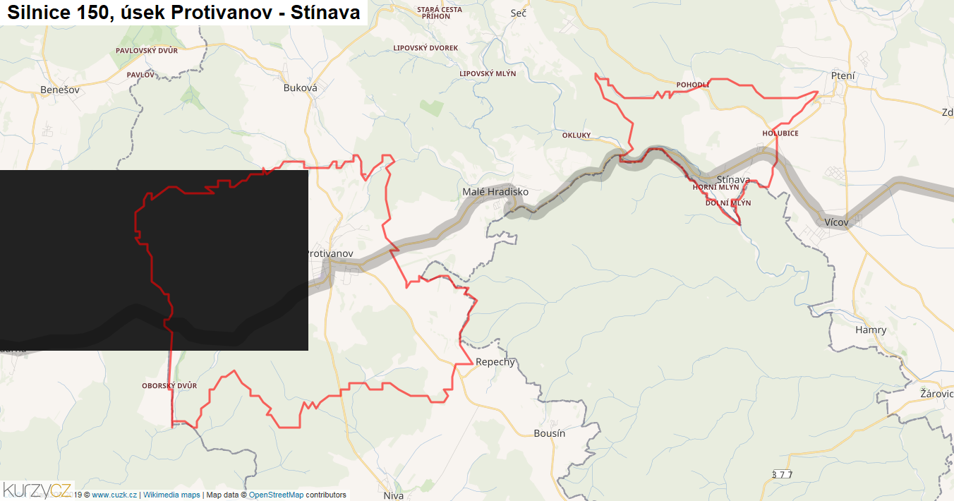 Úsek Protivanov - Stínava, Silnice 150 - Mapa