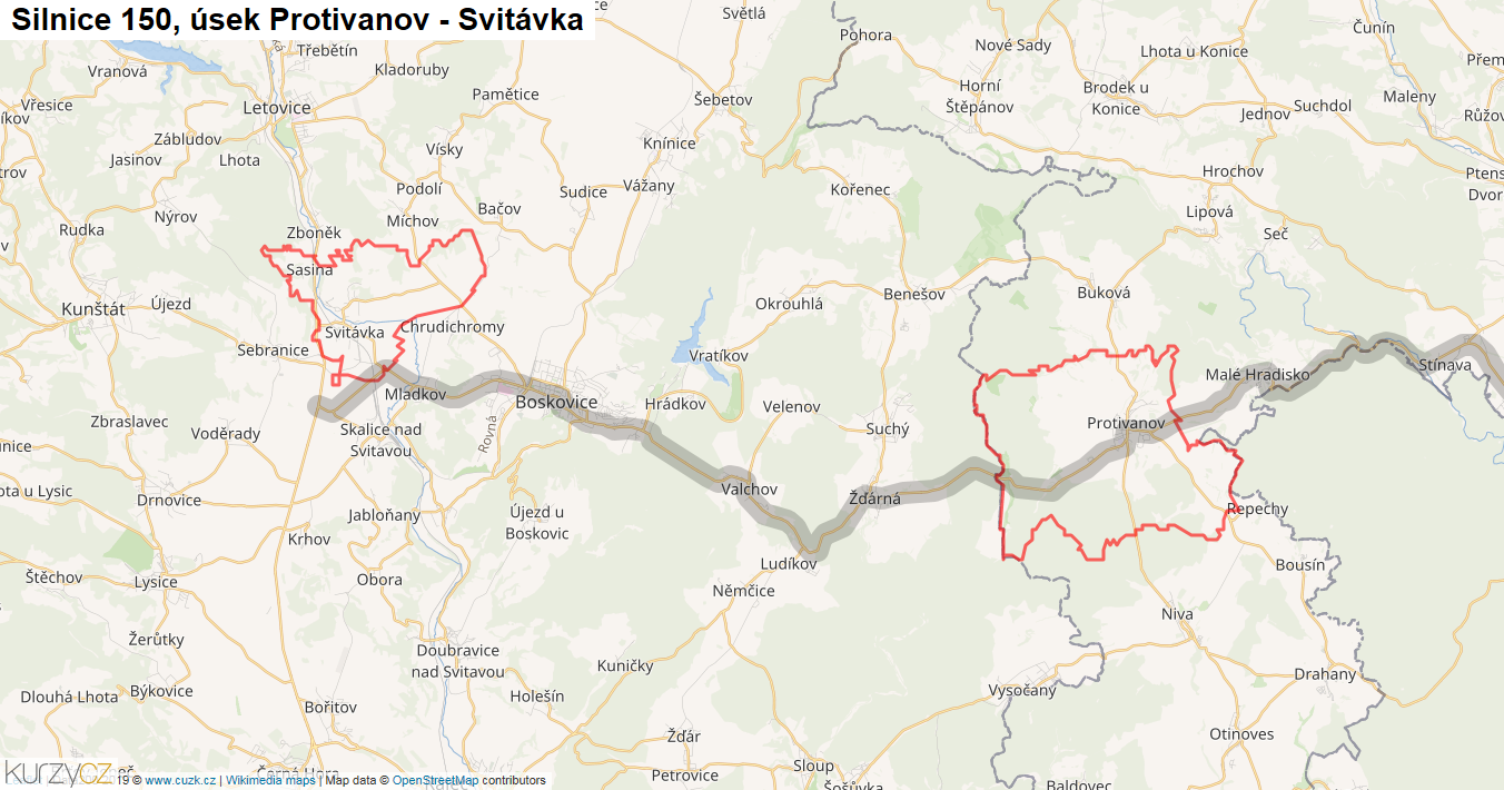 Úsek Protivanov - Svitávka, Silnice 150 - Mapa