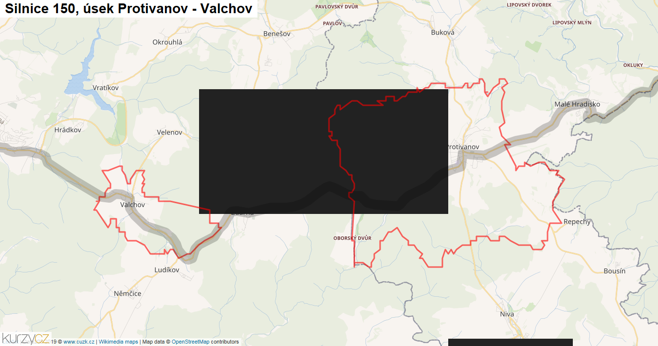 Úsek Protivanov - Valchov, Silnice 150 - Mapa