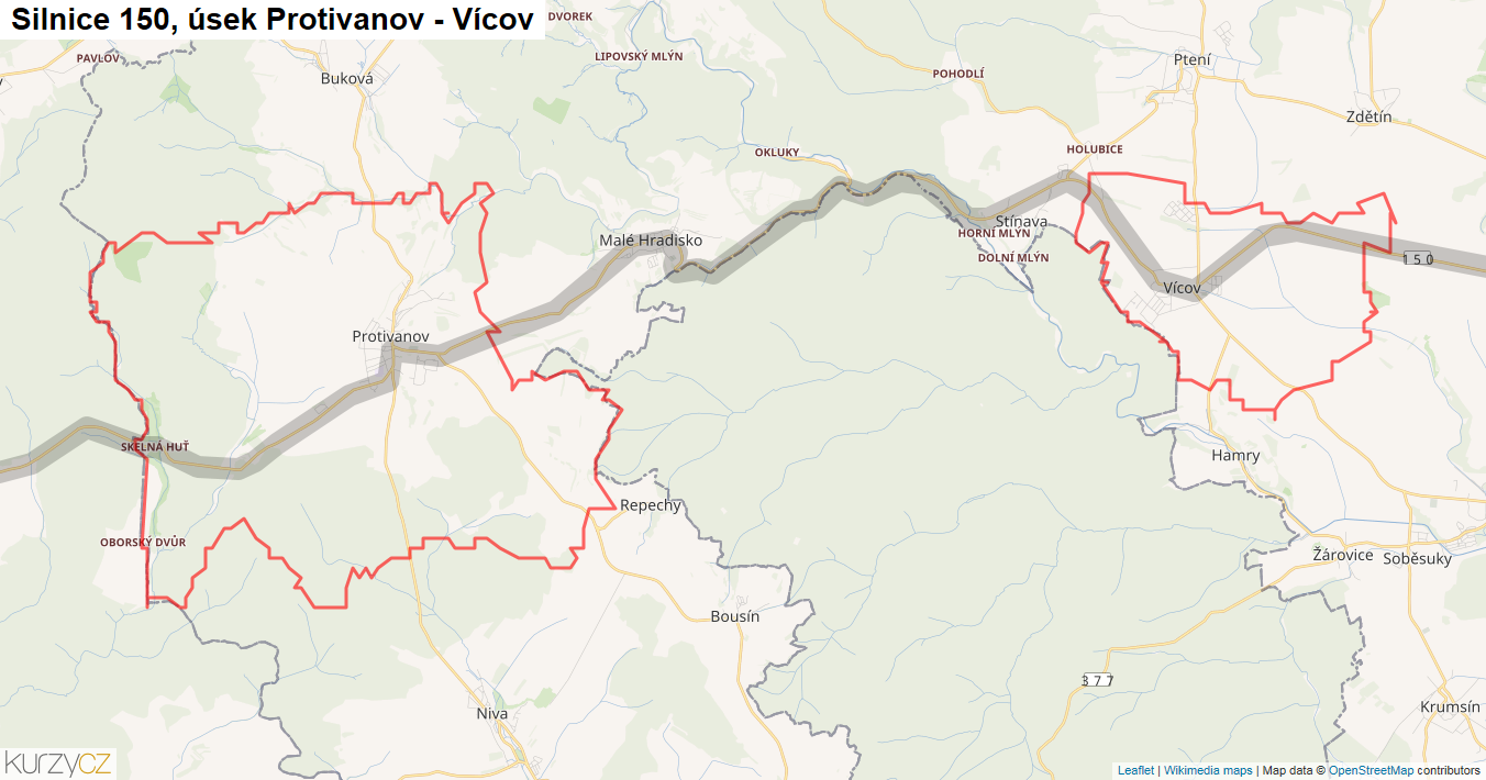 Úsek Protivanov - Vícov, Silnice 150 - Mapa