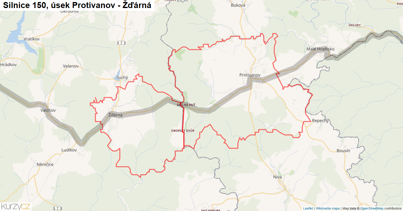 Úsek Protivanov - Žďárná, Silnice 150 - Mapa